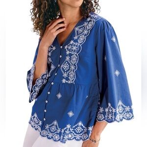 NEW Soft Surroundings Shona Embroidered Top Button Front Eyelet Scalloped Sz 2X